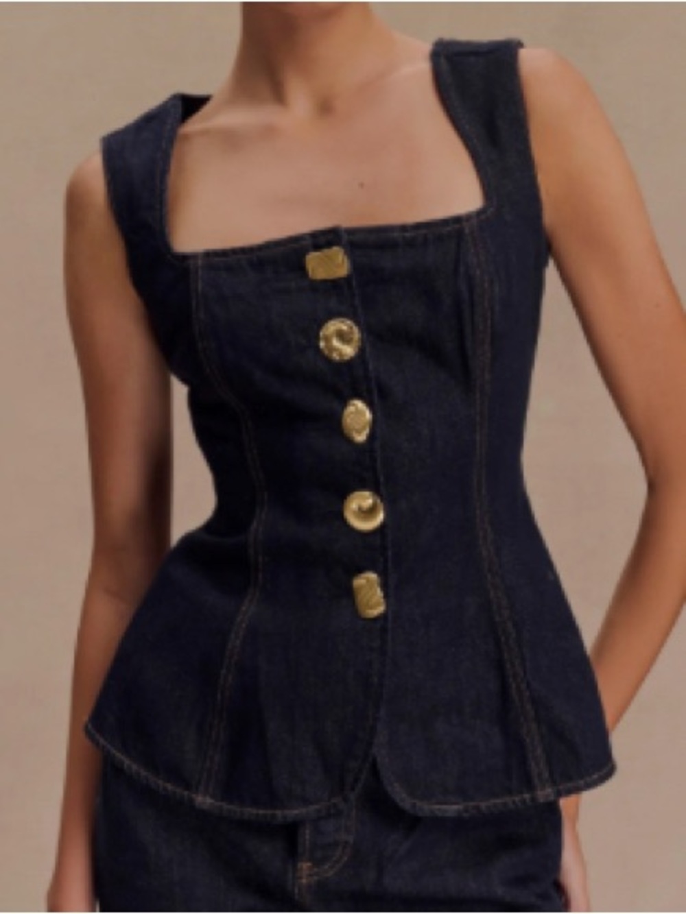 Meshki Dark Blue Denim Peplum Tank Top with Gold Buttons